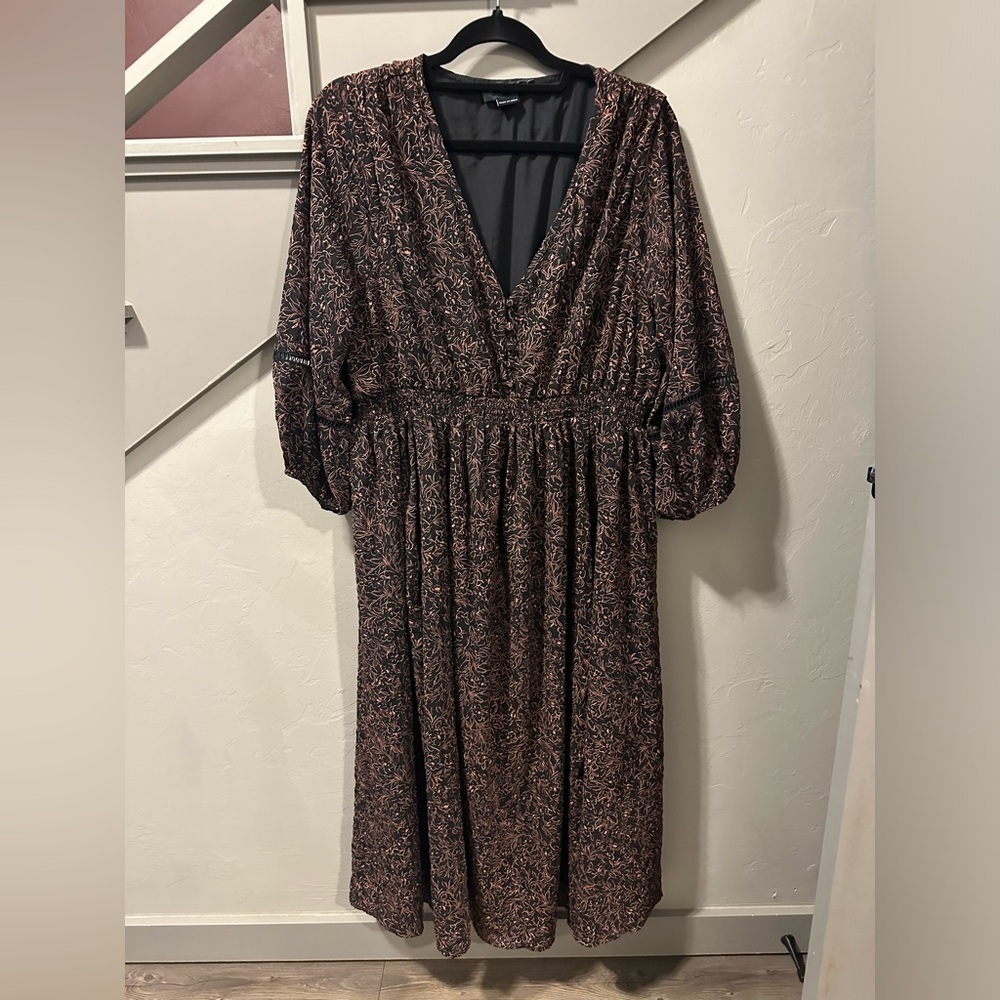 Hatch Brown Sundress with 3/4 Bishop Sleeves and V-Neckline